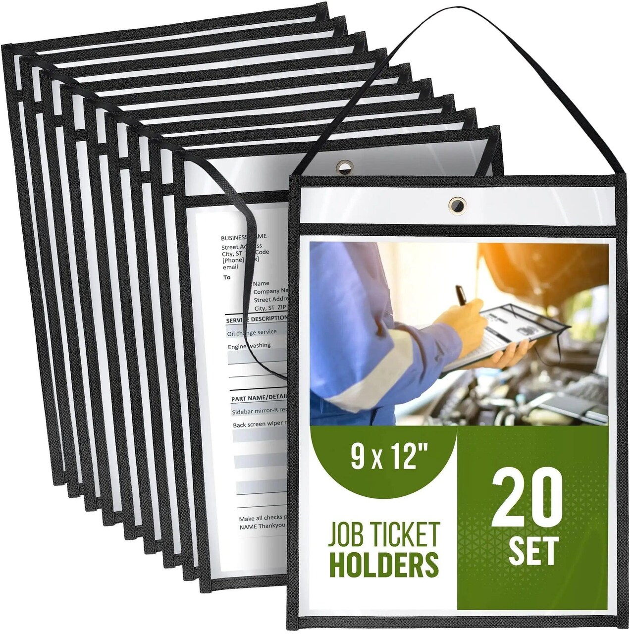 20 Pack Shop Ticket Holders with Hanging Strap 9x12 in Dry Erase Hanging Plastic Sleeve Hanging Job Ticket Holders Vinyl Work Order Plastic Sleeves Clear Hanging Document Holder 9 x 12